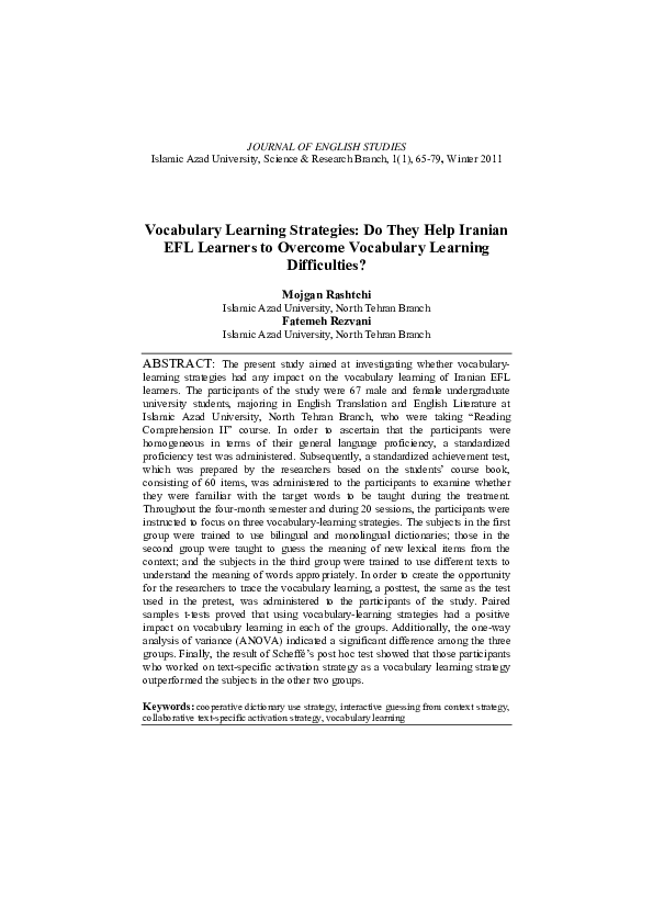 (PDF) Vocabulary Learning Strategies: Do They Help Iranian EFL Learners ...
