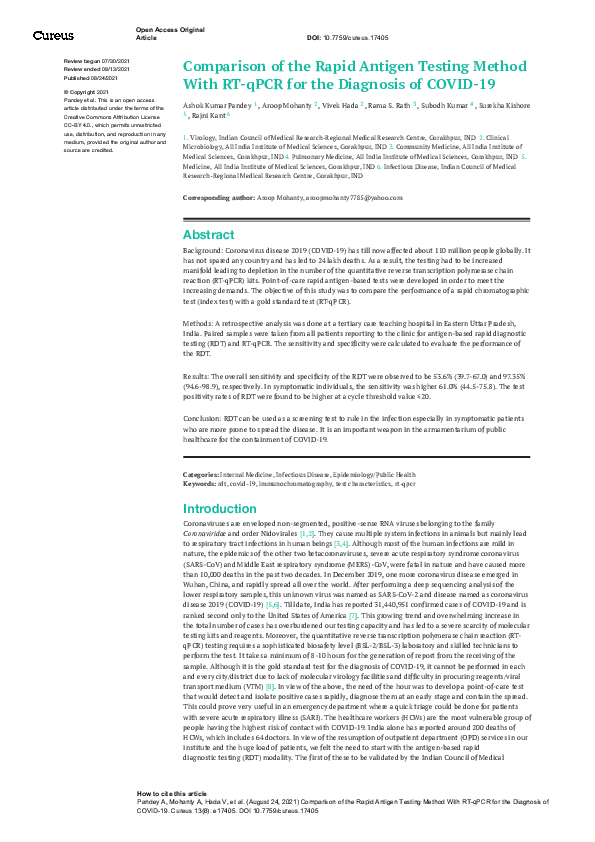 (PDF) Comparison of the Rapid Antigen Testing Method With RT-qPCR for ...