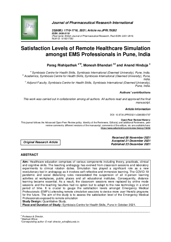 (PDF) Satisfaction Levels of Remote Healthcare Simulation amongst EMS ...