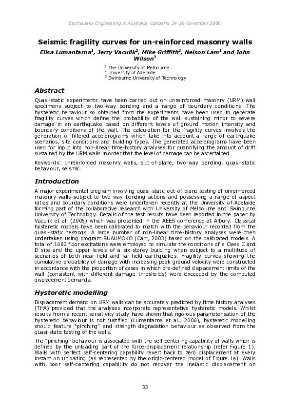 (PDF) Seismic fragility curves for un-reinforced masonry walls