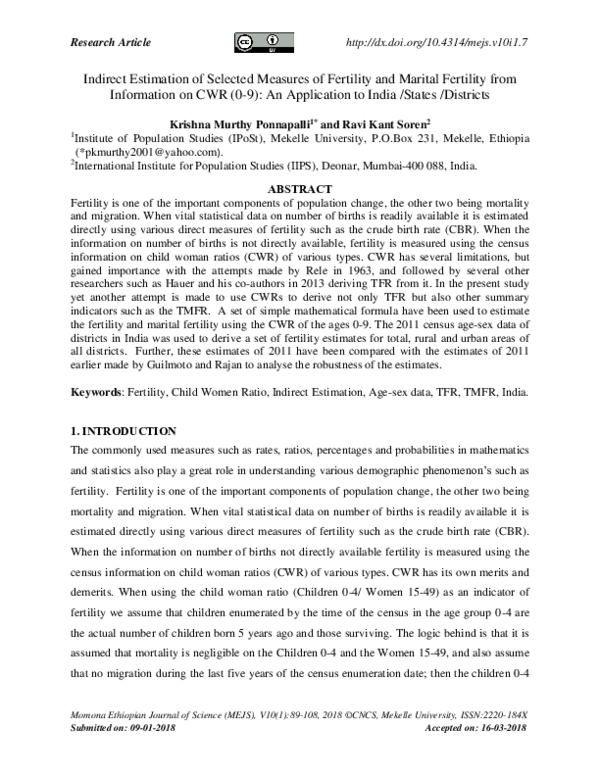 (PDF) Indirect Estimation of Selected Measures of Fertility and Marital ...
