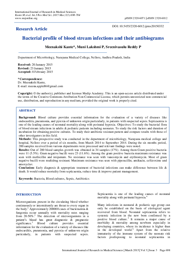 (PDF) Bacterial profile of blood stream infections and their antibiograms