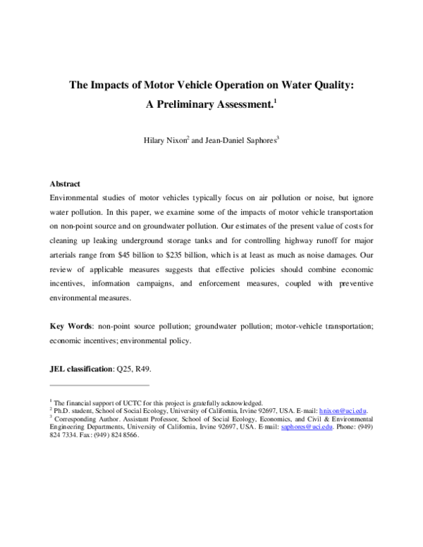 (PDF) Impacts of Motor Vehicle Operation on Water Quality: Clean-up ...