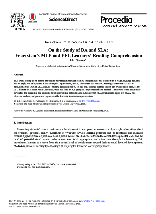 (PDF) On the Study of DA and SLA: Feuerstein's MLE and EFL Learners ...