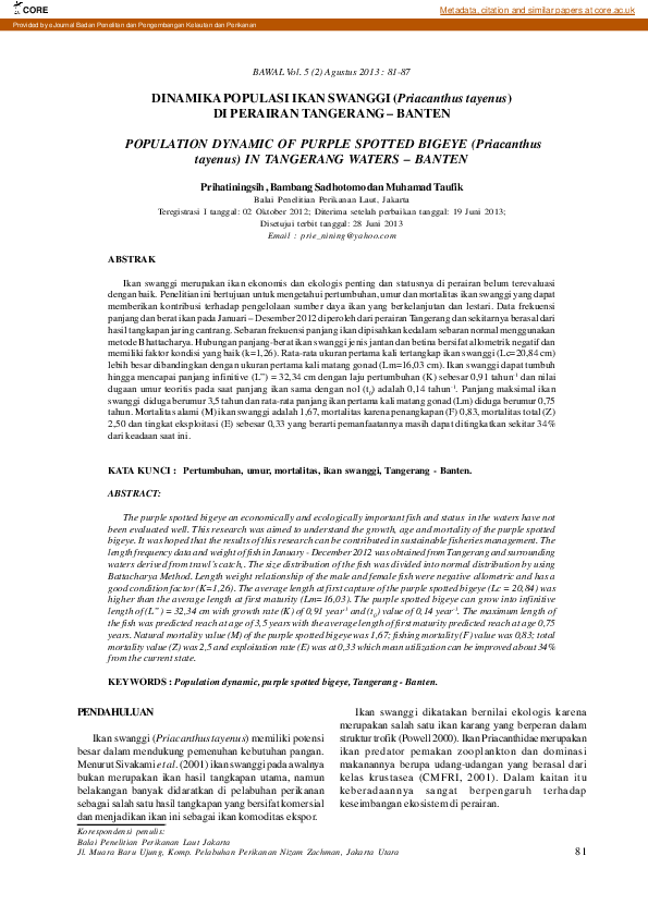 (PDF) DINAMIKA POPULASI IKAN SWANGGI (Priacanthus tayenus) DI PERAIRAN ...
