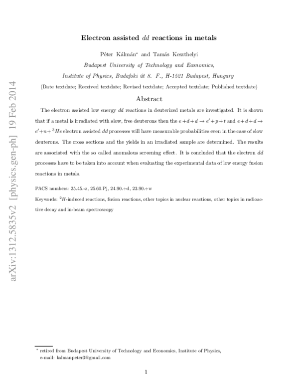 (PDF) Electron assisted $dd$ reactions in metals