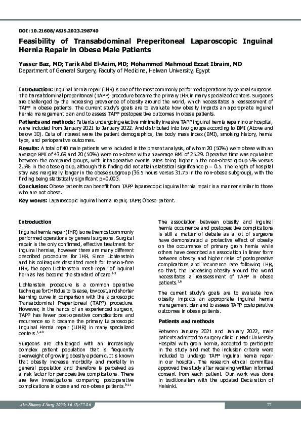 (PDF) Feasibility of Transabdominal Preperitoneal Laparoscopic Inguinal ...