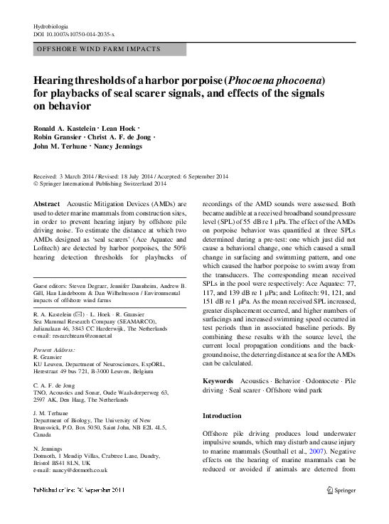 (PDF) Hearing thresholds of a harbor porpoise (Phocoena phocoena) for ...