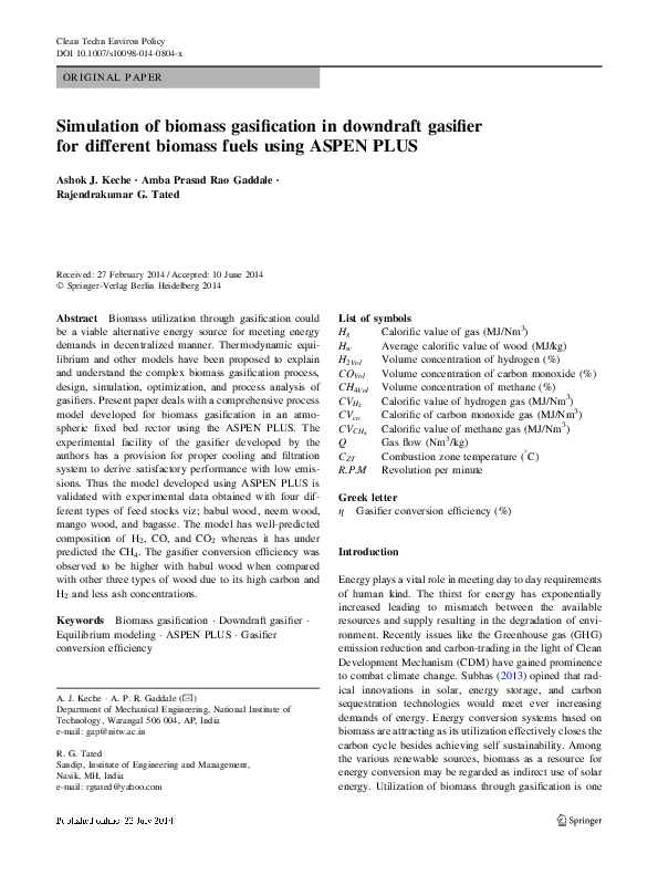 (PDF) Simulation of biomass gasification in downdraft gasifier for ...