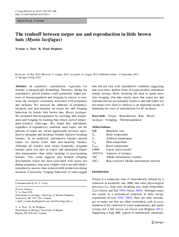 (PDF) The tradeoff between torpor use and reproduction in little brown