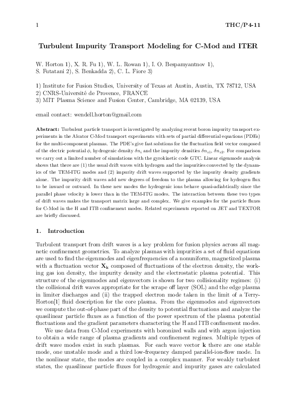 (PDF) Turbulent Impurity Transport Modeling for C-Mod
