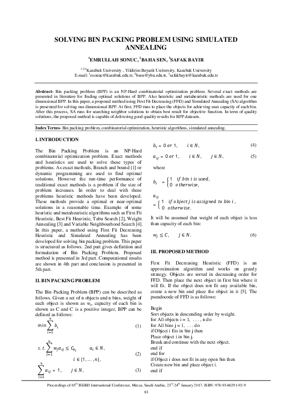 (PDF) Solving Bin Packing Problem Using Simulated Annealing Emrullah