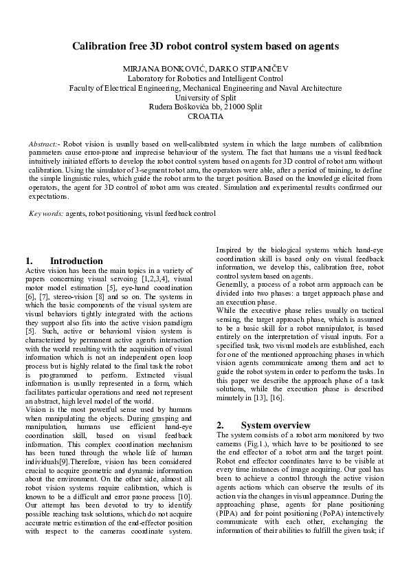 (PDF) Calibration free 3D robot control system based on agents