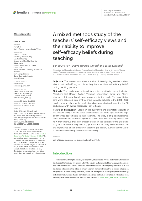 (PDF) A mixed methods study of the teachers’ self-efficacy views and ...