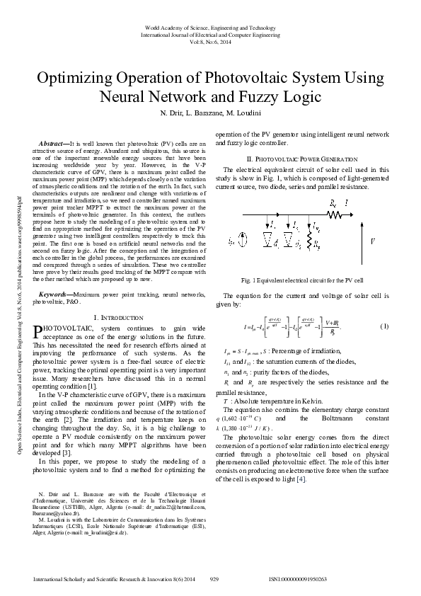 (PDF) Optimizing Operation of Photovoltaic System Using Neural Network ...