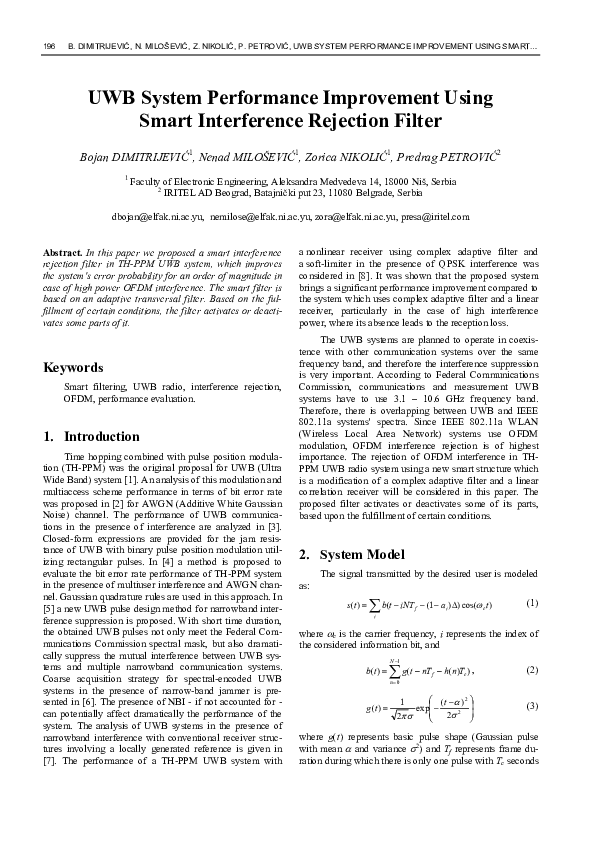 (PDF) UWB System Performance Improvement Using Smart Interference ...