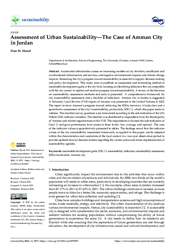 (PDF) Assessment of Urban Sustainability—The Case of Amman City in Jordan