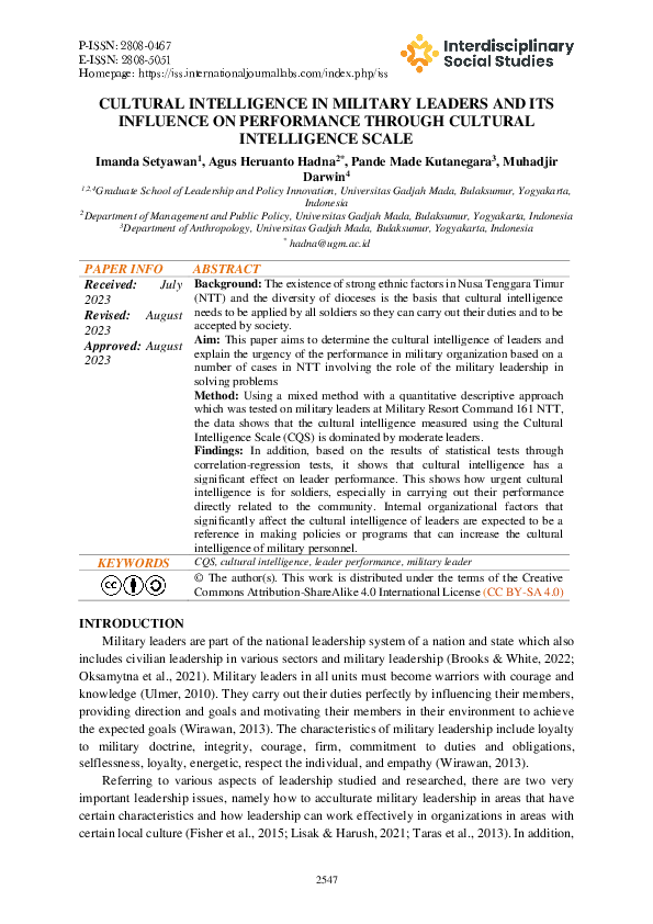 (PDF) Cultural Intelligence in Military Leaders and Its Influence on ...
