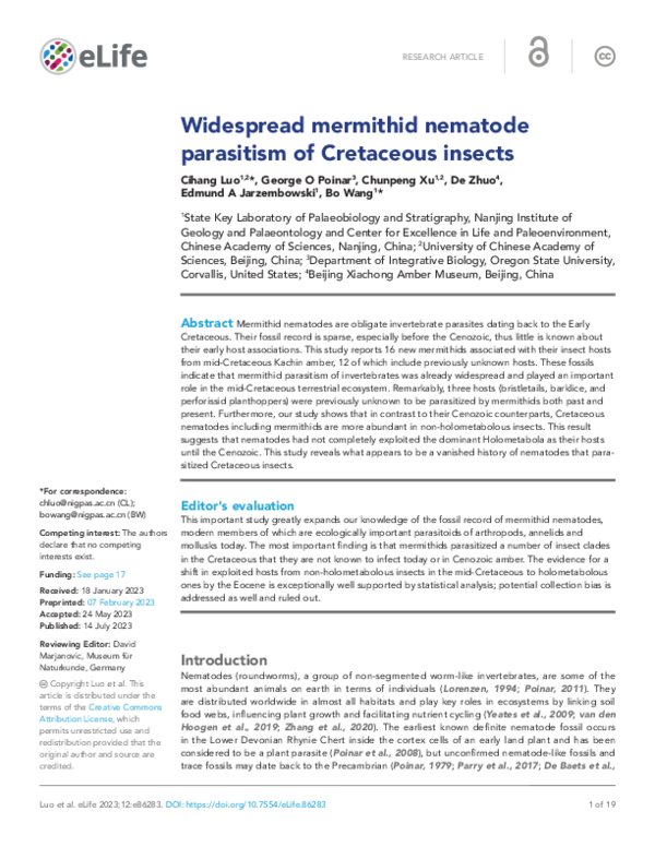 (PDF) Widespread mermithid nematode parasitism of Cretaceous insects
