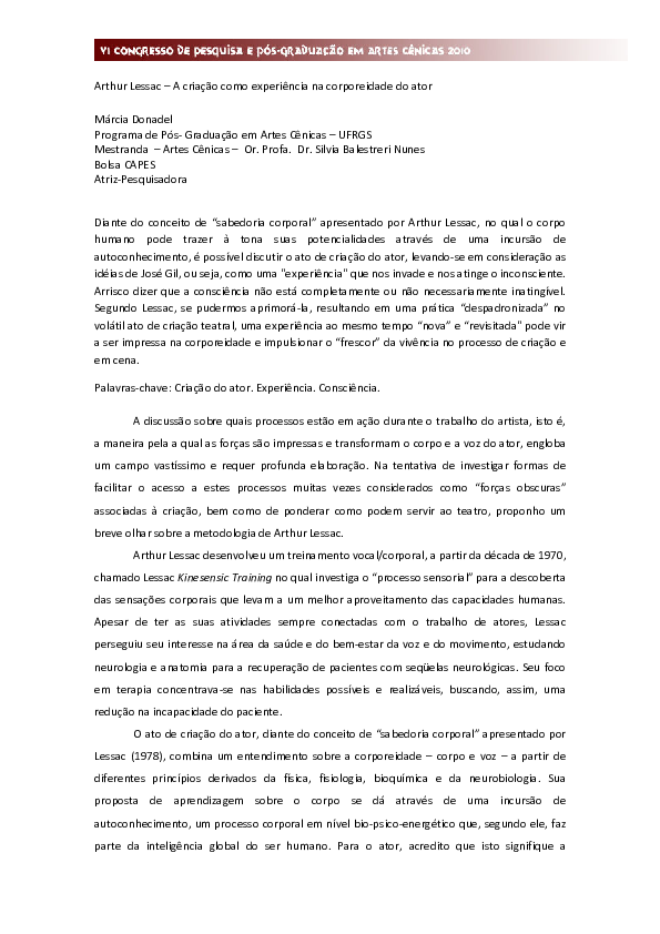 (PDF) Arthur Lessac – A criação como experiência na corporeidade do ator