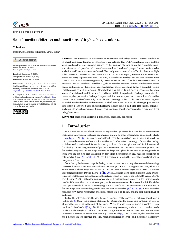 (PDF) Social media addiction and loneliness of high school students