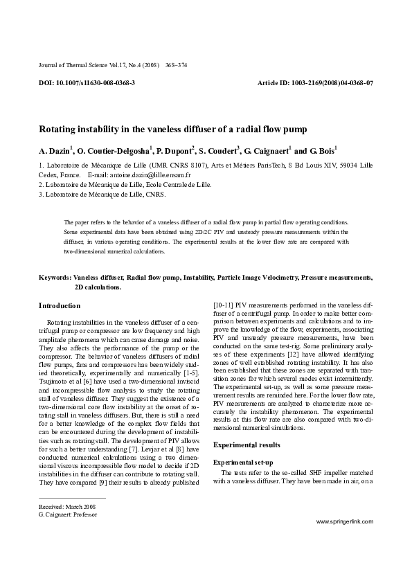 (PDF) Rotating instability in the vaneless diffuser of a radial flow pump