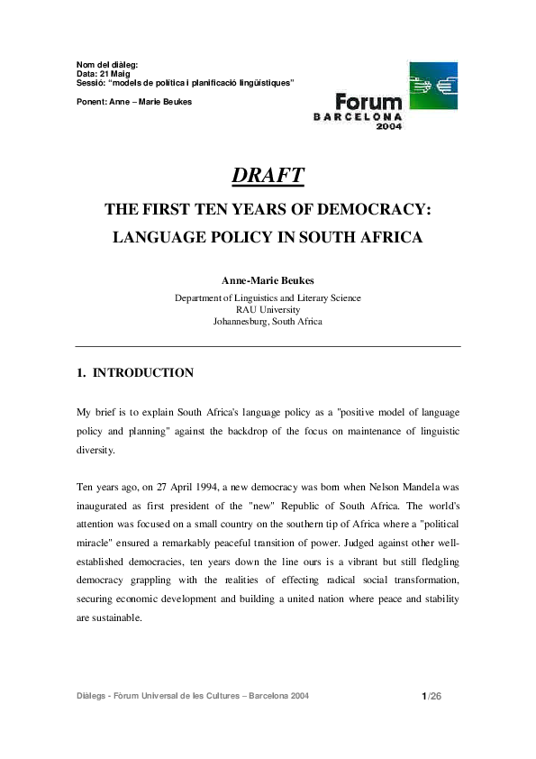 (PDF) The First Ten Years of Democracy: Language Policy in South Africa