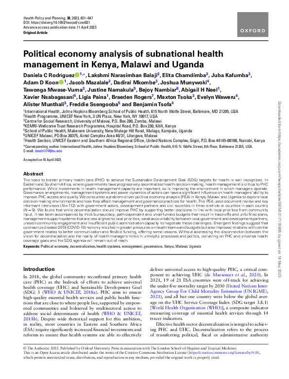 (PDF) Political economy analysis of subnational health management in ...