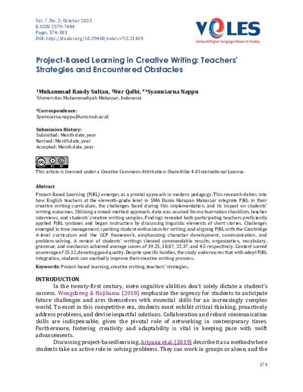 (PDF) Project-Based Learning in Creative Writing: Teachers' Strategies ...