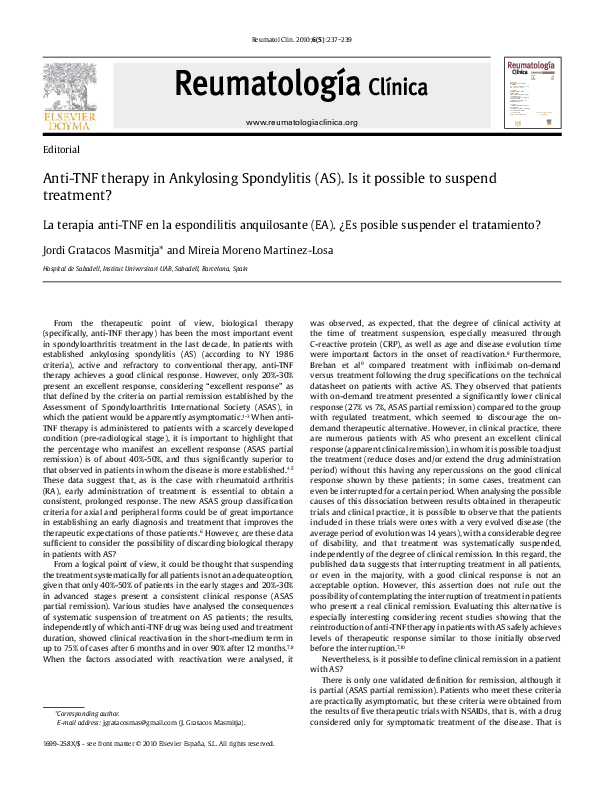 (PDF) AntiTNF therapy in Ankylosing Spondylitis (AS). Is it possible