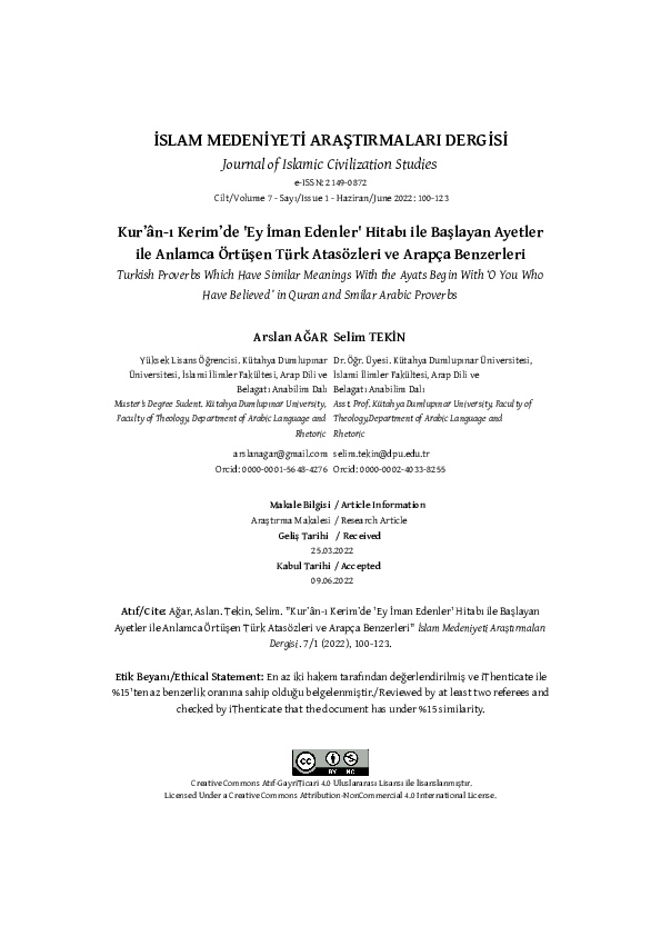 (PDF) Turkish Proverbs Which Have Similar Meanings With the Ayats Begin ...