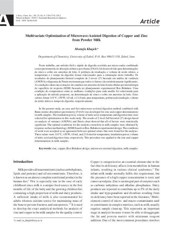 Multivariate optimization of microwave-assisted digestion methods for Cu and Sn determination in antifouling paints using inductively coupled plasma optical emission spectrometry