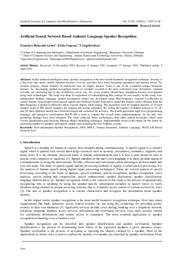 (PDF) Artificial Neural Network Based Amharic Language Speaker Recognition