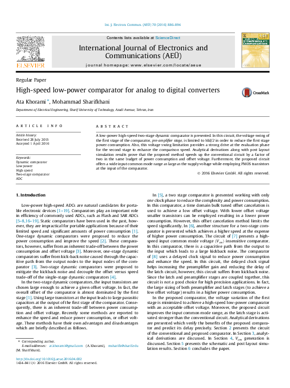 (PDF) High-speed low-power comparator for analog to digital converters