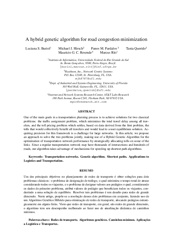 (PDF) A hybrid genetic algorithm for road congestion minimization