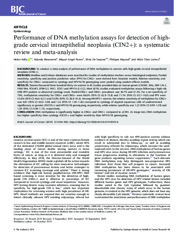 (PDF) Performance of DNA methylation assays for detection of high-grade ...