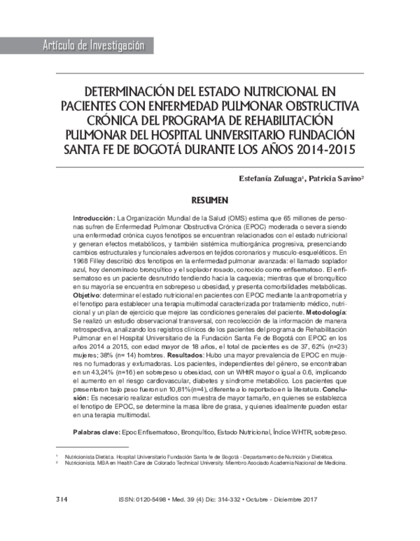 Determinación Del Estado Nutricional en Pacientes Con Enfermedad Pulmonar Obstructiva Crónica Del Programa De Rehabilitación Pulmonar Del Hospital Universitario Fundación Santa Fe De Bogotá Durante Los Años 2014-2015