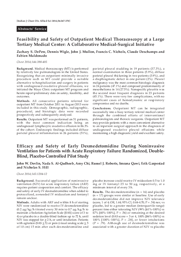 (PDF) Feasibility and Safety of Outpatient Medical Thoracoscopy at a ...
