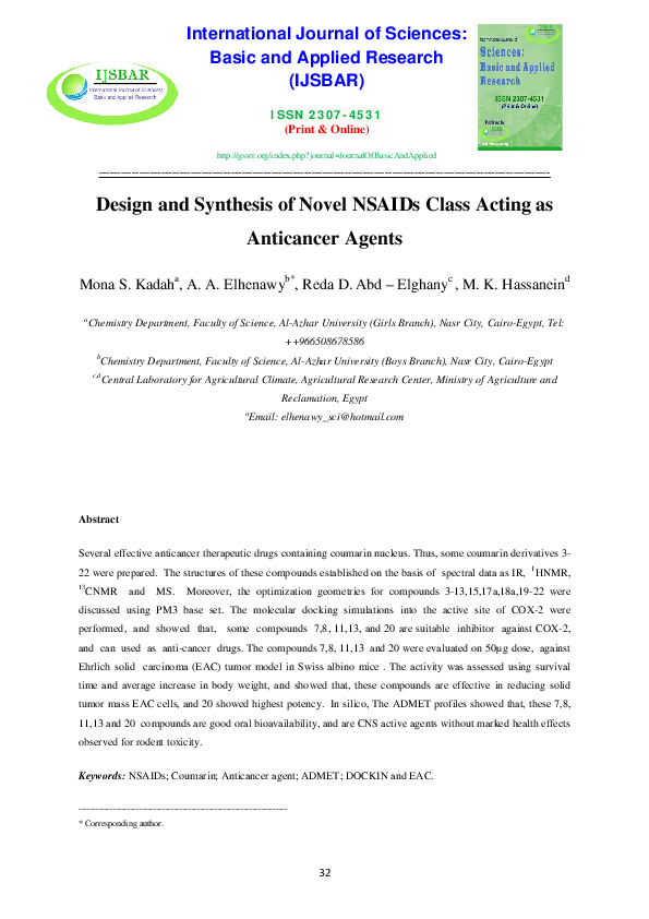 (PDF) Design and Synthesis of Novel NSAIDs Class Acting as Anticancer ...