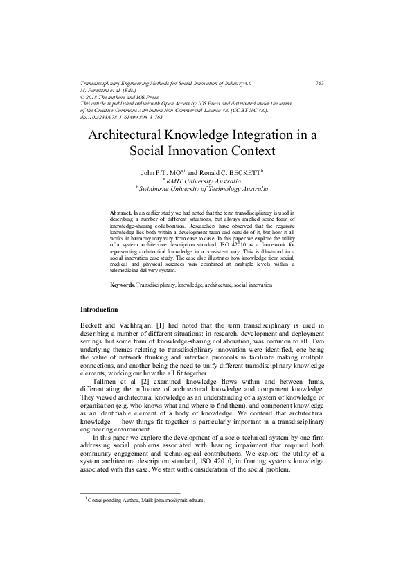 (PDF) Architectural knowledge integration in a social innovation context