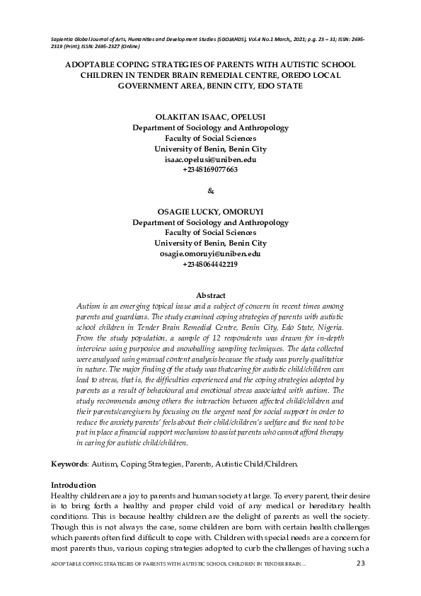 (PDF) Adoptable Coping Strategies of Parents with Autistic School ...