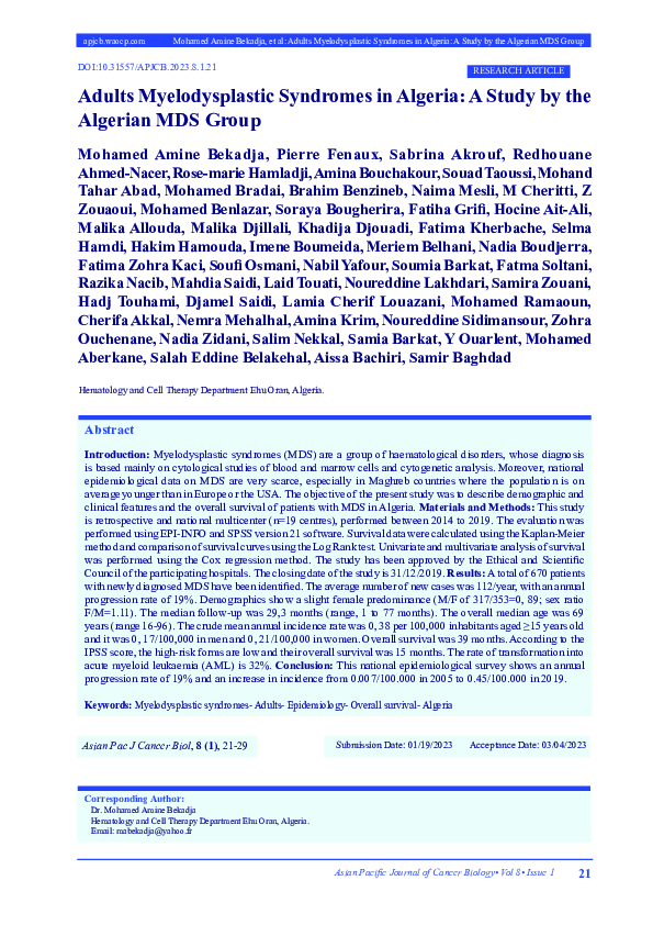 (PDF) Adults Myelodysplastic Syndromes in Algeria: A Study by the ...