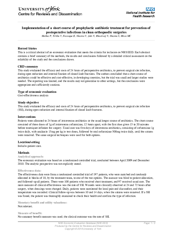 (PDF) Implementation of a short course of prophylactic antibiotic ...