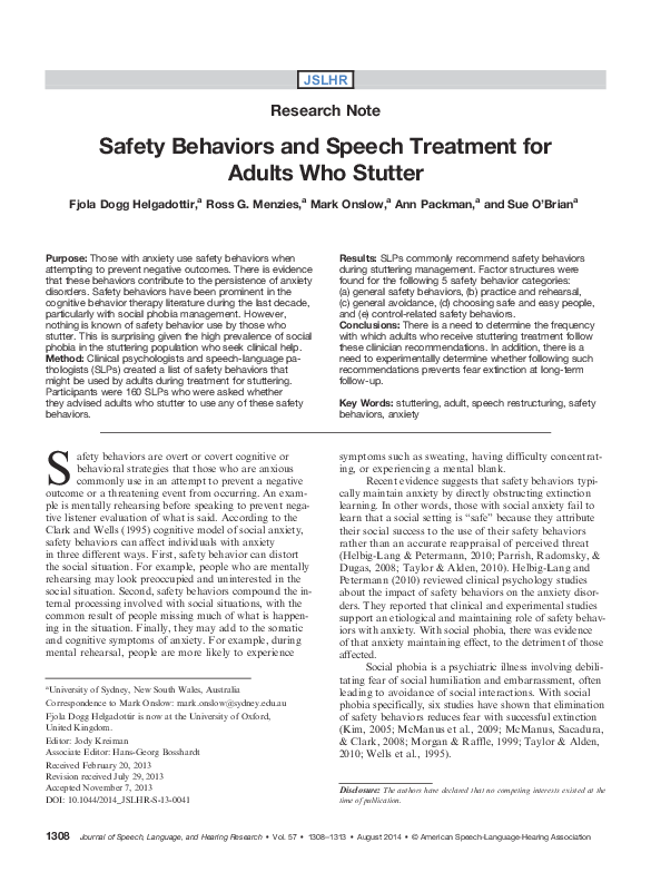 (PDF) Safety Behaviors and Speech Treatment for Adults Who Stutter