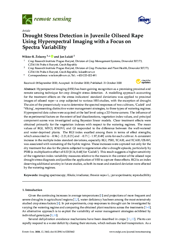 Drought Stress Detection in Juvenile Oilseed Rape Using Hyperspectral Imaging with a Focus on Spectra Variability