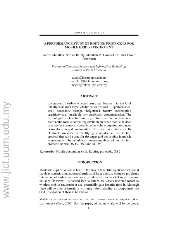 (PDF) A Performance Study of Routing Protocols for Mobile Grid Environment