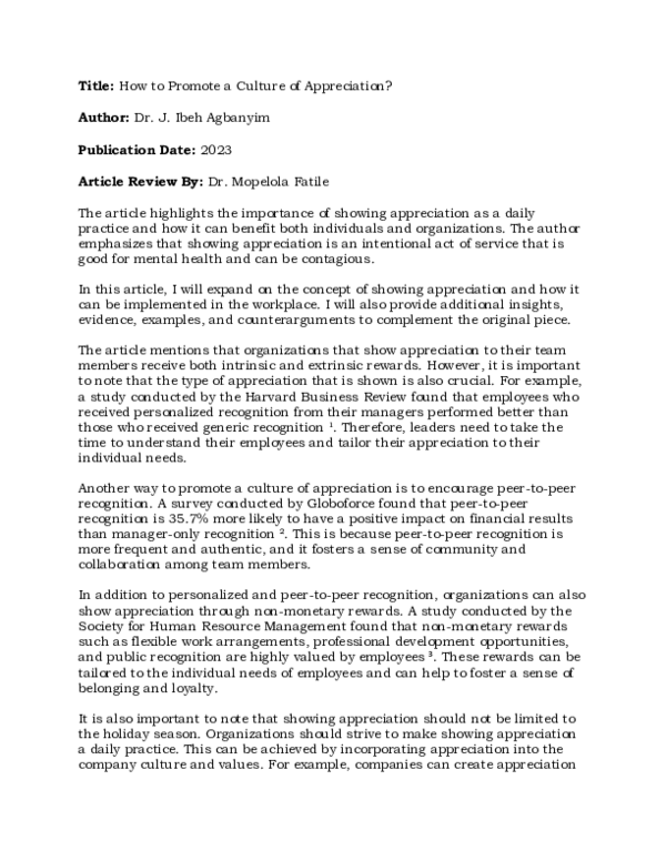 (PDF) Article Review on How to Promote a Culture of Appreciation