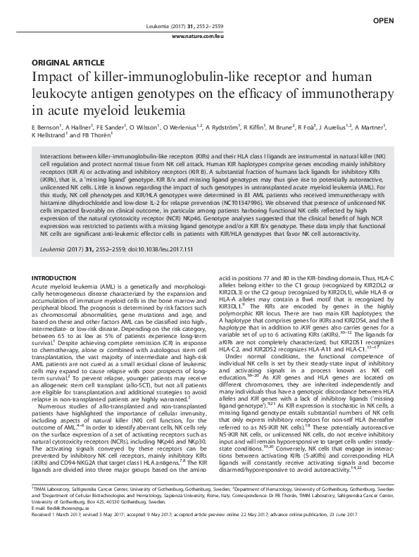 (PDF) Impact of killer-immunoglobulin-like receptor and human leukocyte ...