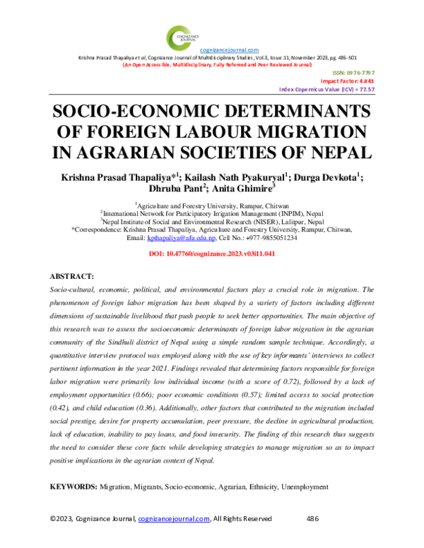 (PDF) SOCIO-ECONOMIC DETERMINANTS OF FOREIGN LABOUR MIGRATION IN ...