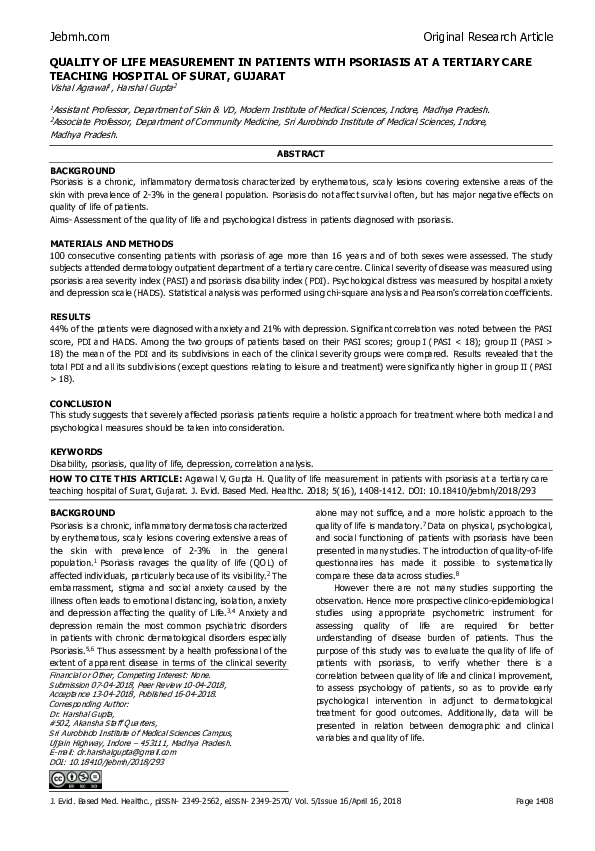 (PDF) Quality of Life Measurement in Patients with Psoriasis at a ...